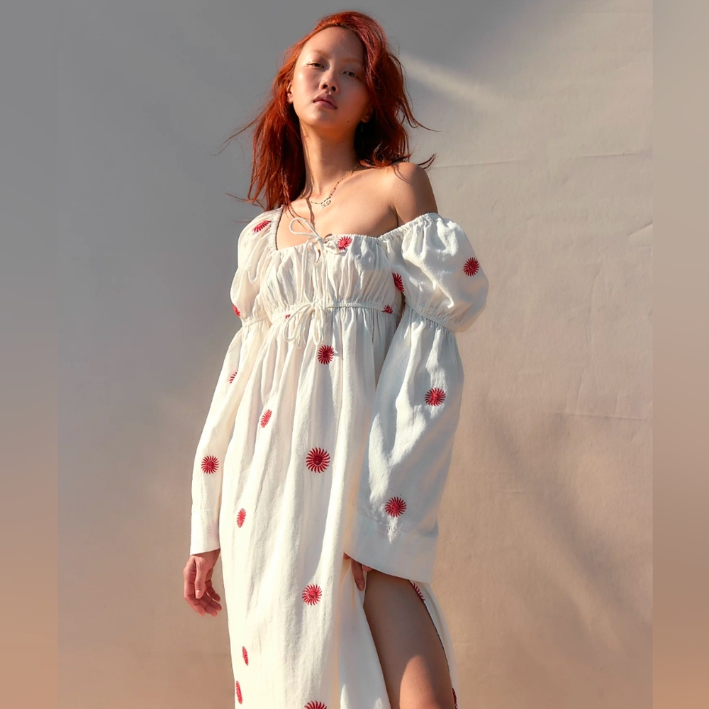 Free People Emory Embroidered Midi Cotton Linen Dress in White | Size XS